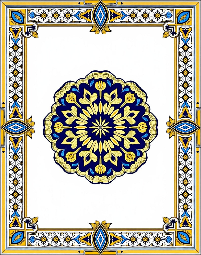 Royal Blue Golden Mandala Frame Rug