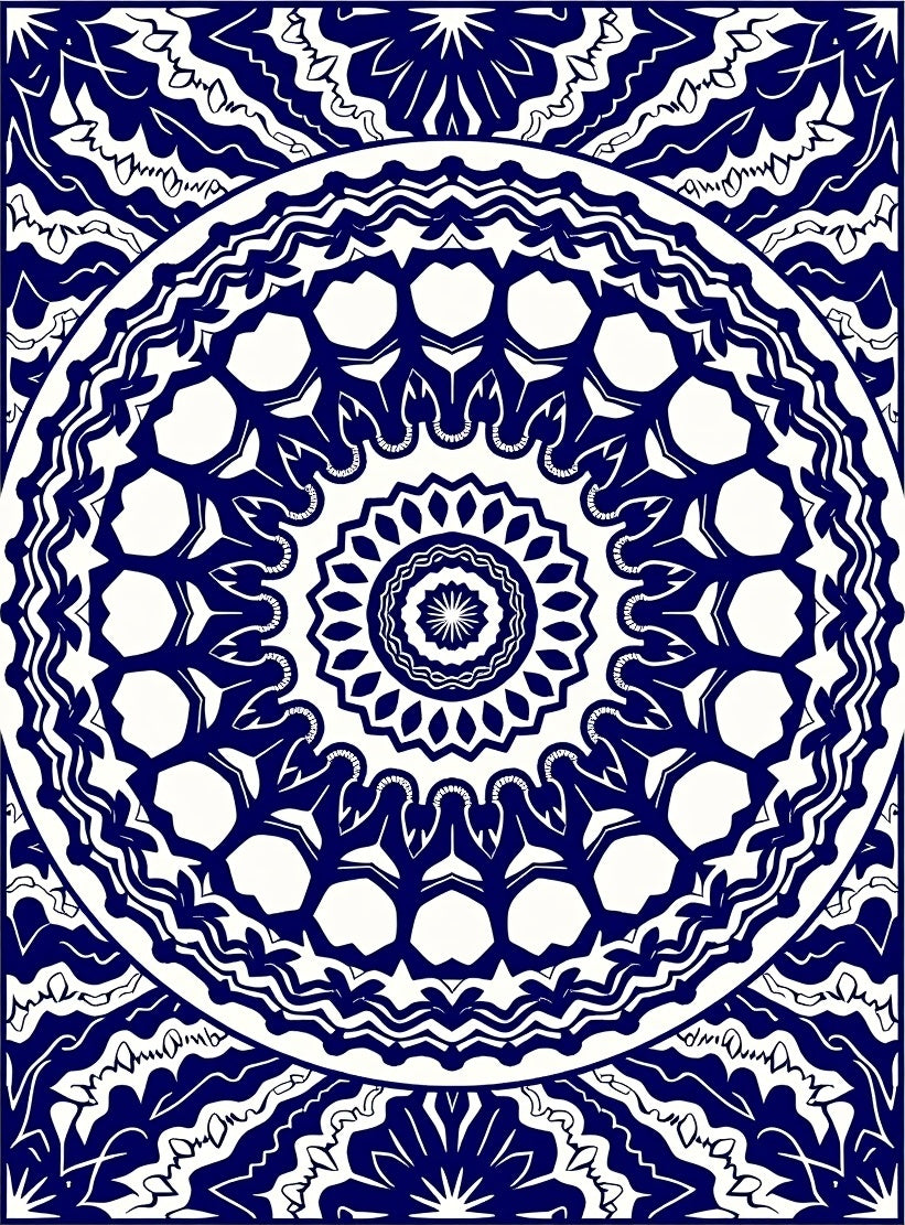 Deep Blue White Mandala Circular Rug