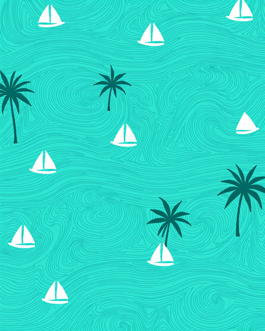 Turquoise Sailboat Palm Trees Ocean Waves Rug