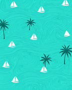 Turquoise Sailboat Palm Trees Ocean Waves Rug