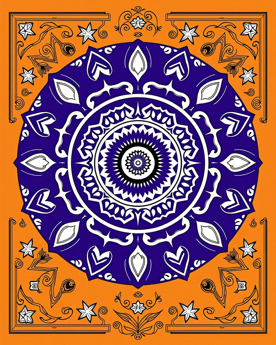 Vibrant Orange Indigo Mandala Stars Rug