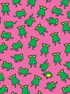 Playful Green Frogs Pink Background Rug