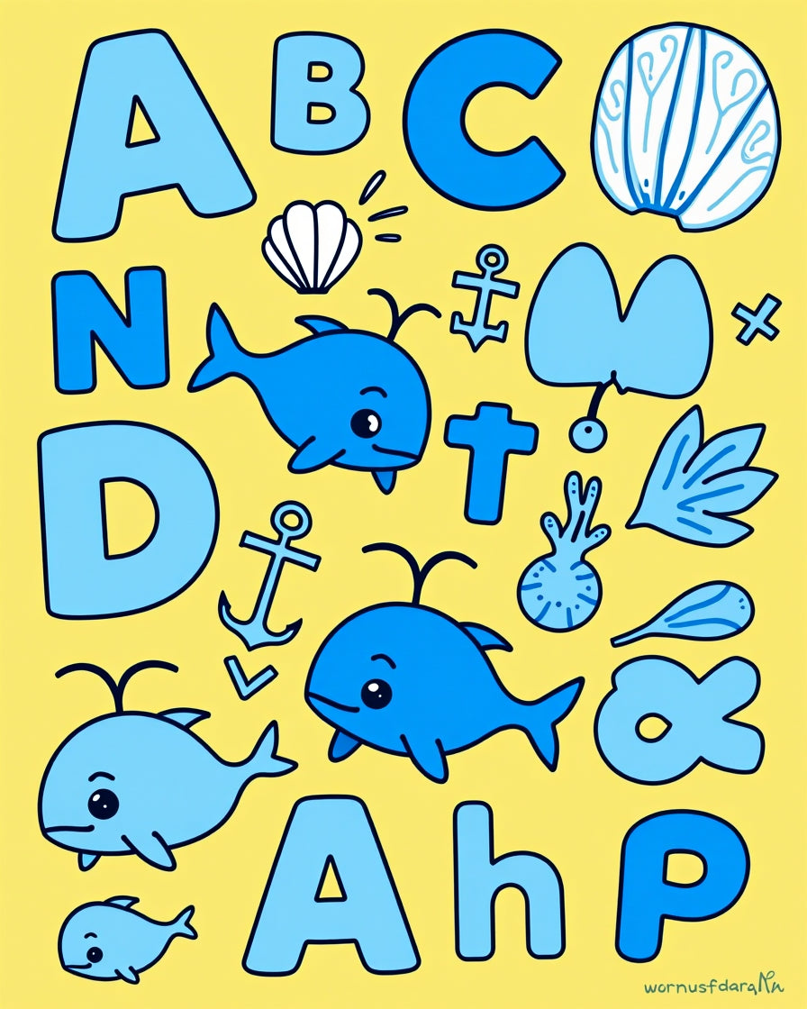 Blue Ocean Alphabet Whales And Shells Rug
