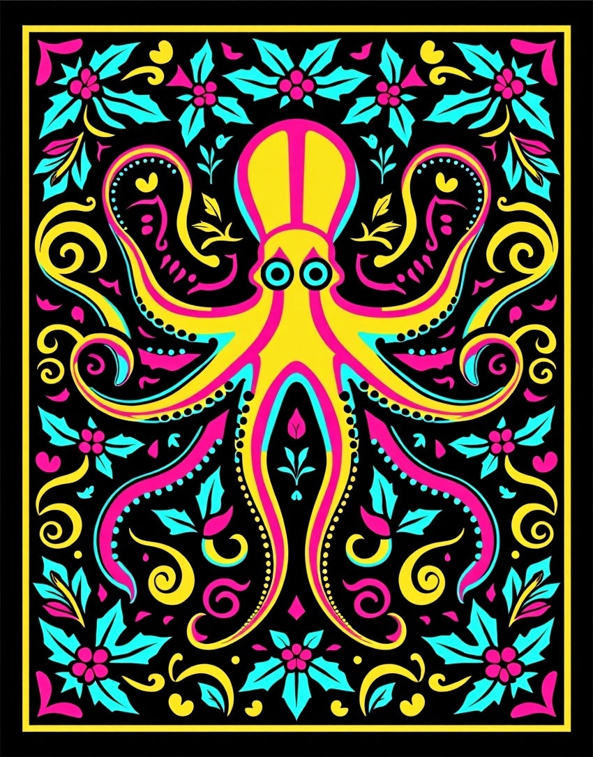 Vibrant Yellow Octopus Floral Arrangement Rug