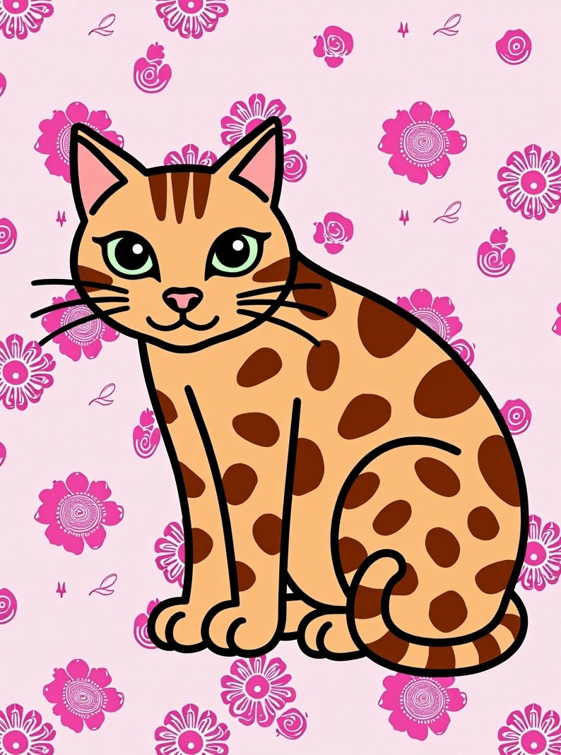 Cute Orange Spotted Cat Pink Floral Rug