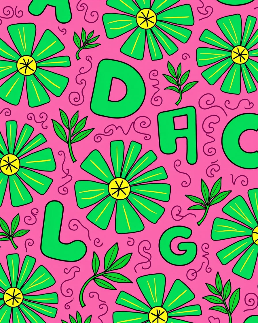 Bright Pink Green Daisy Letters Rug