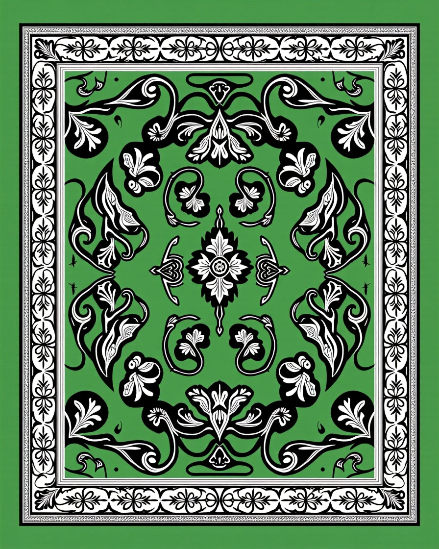 Emerald green black white floral scroll Rug