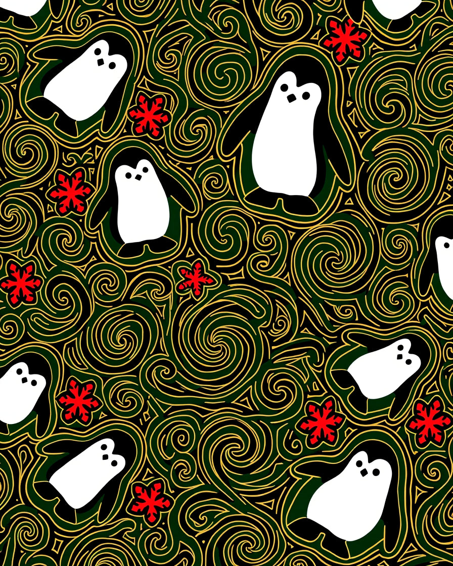 Whimsical Penguin Red Floral Swirl Rug