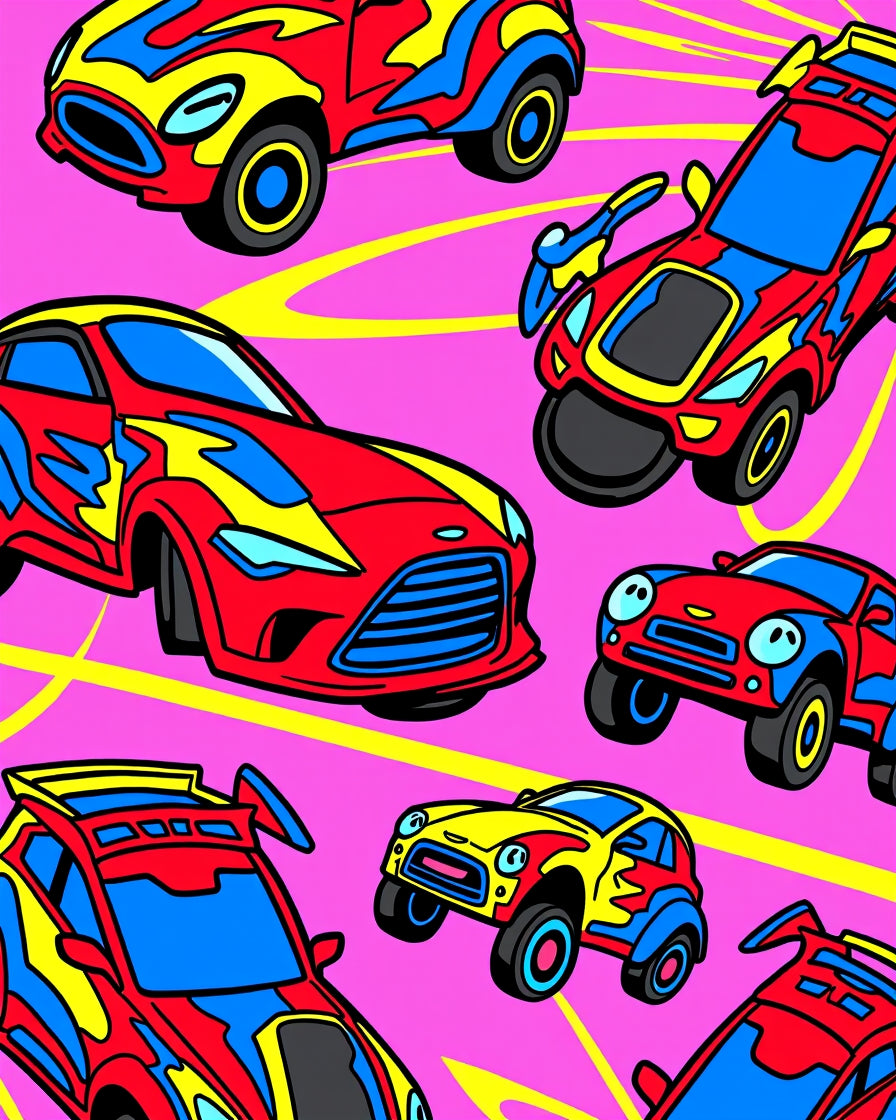Vibrant Red Blue Yellow Car Collection Rug
