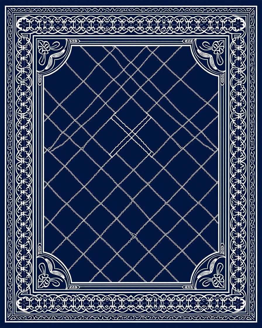 Midnight Blue Ornate Chain Border Rug