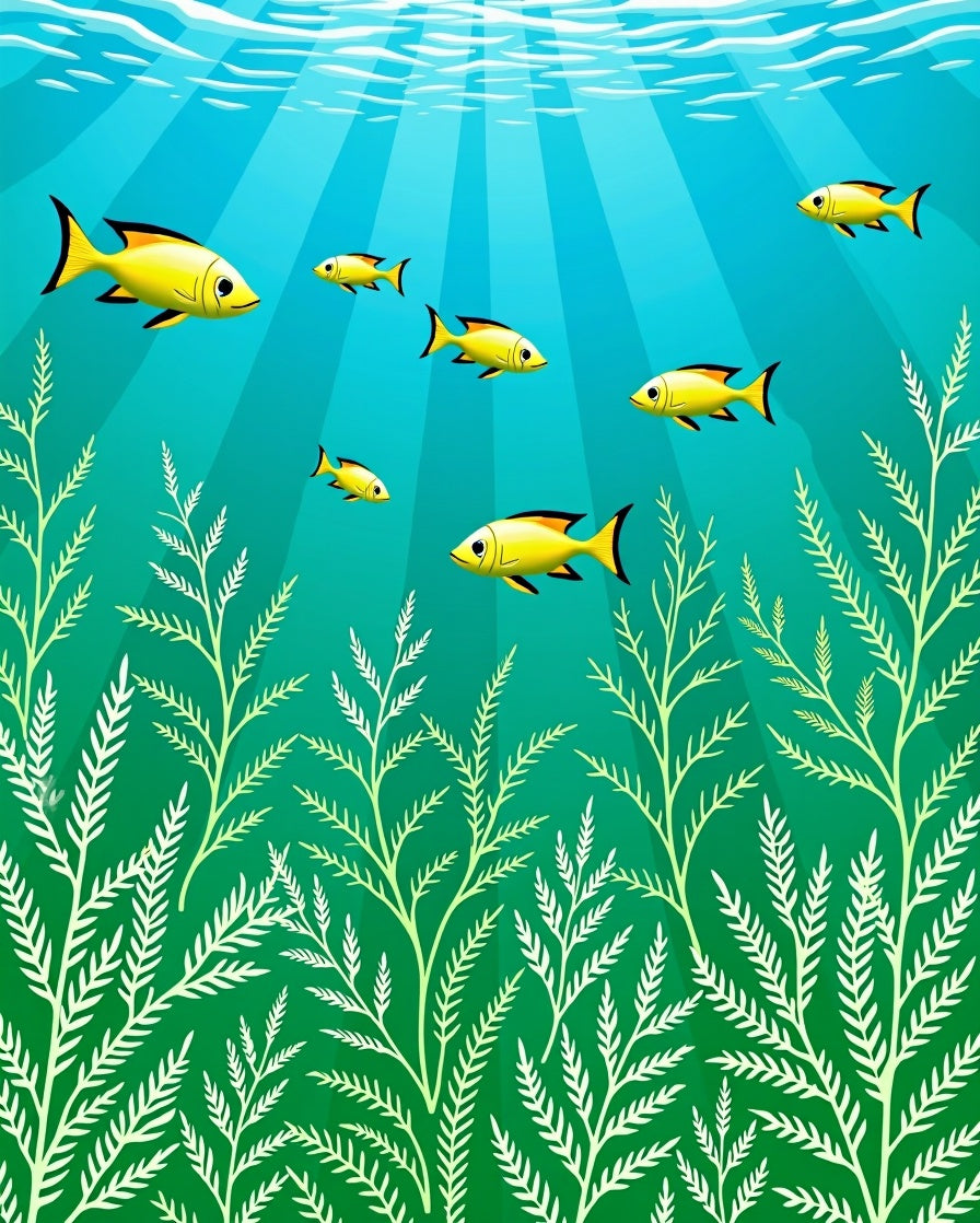 Sunny Yellow Fish Teal Underwater Scene Rug