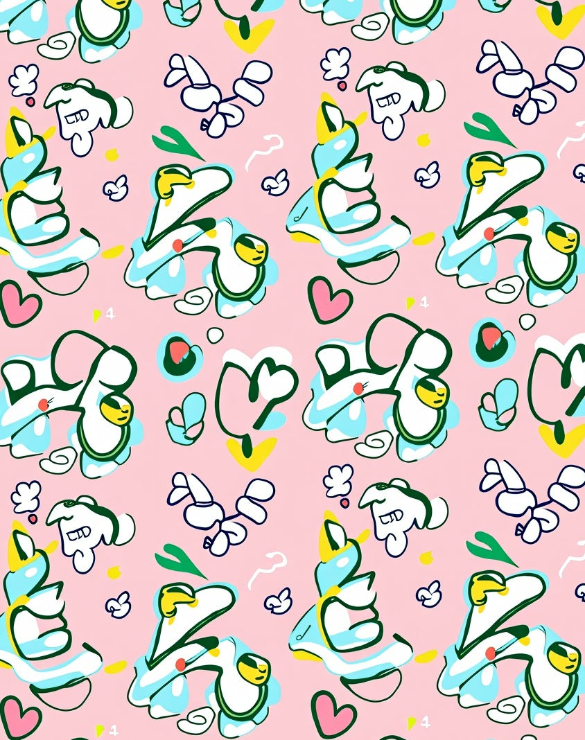 Playful Pink Abstract Doodle Characters Rug