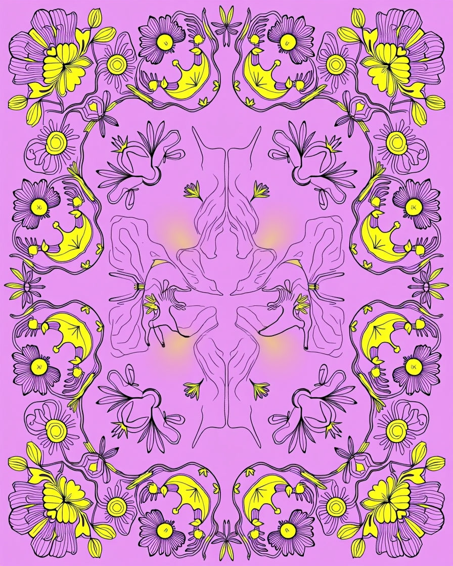 Lavender Yellow Floral Outline Medallion Rug