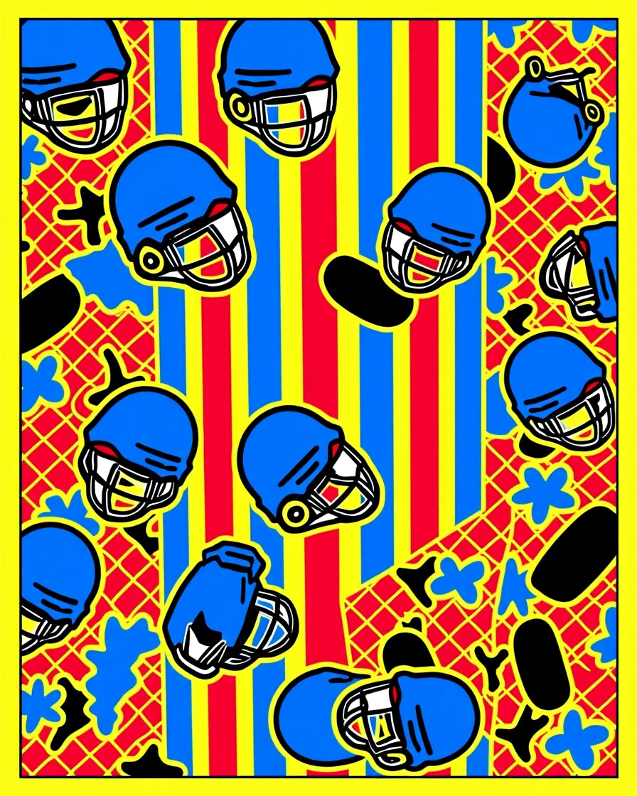 Bold Blue Football Helmets Yellow Stripes Rug