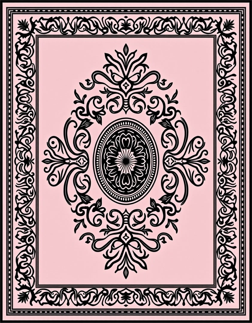 Pale Pink Black Ornate Scroll Medallion Rug