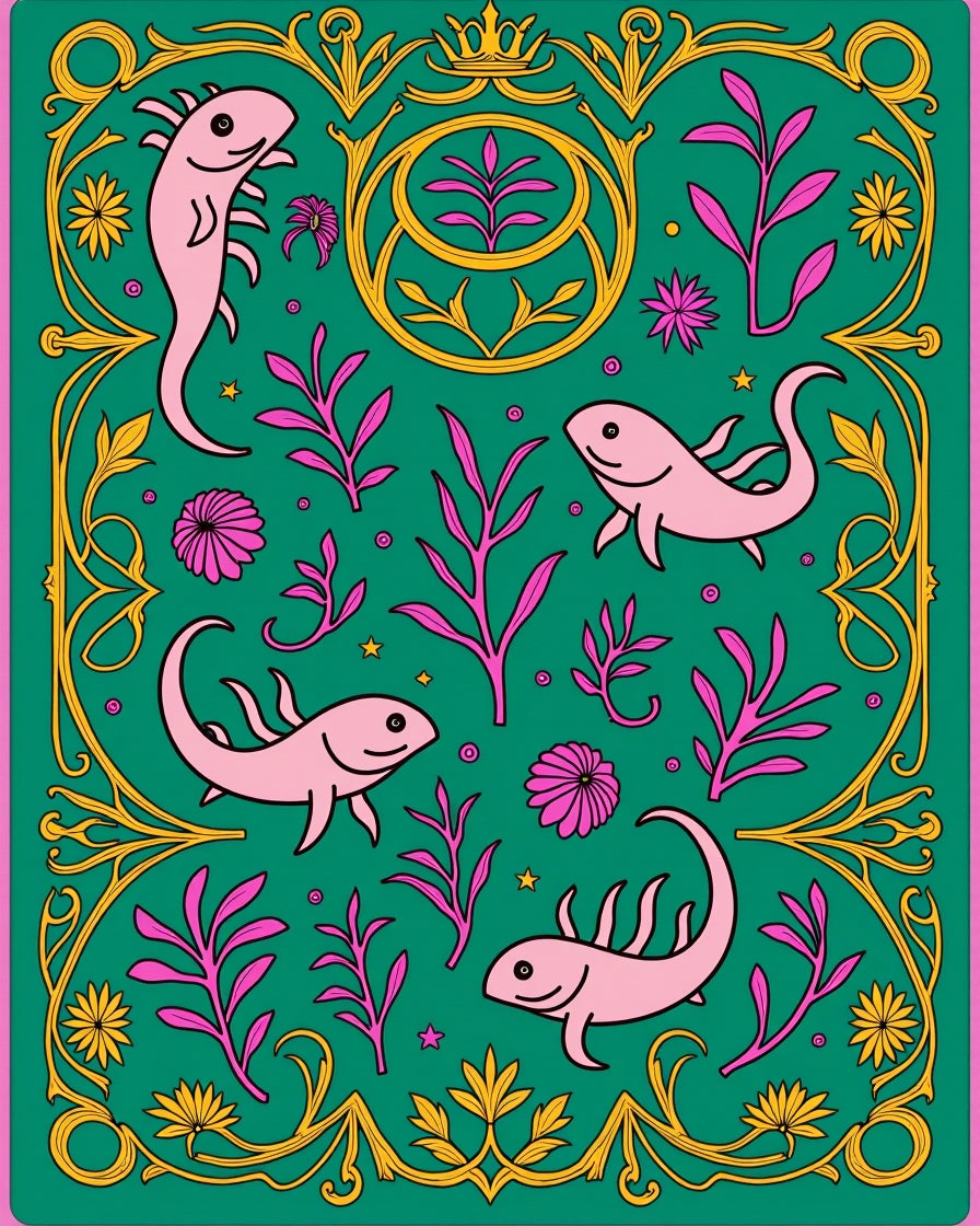 Whimsical Pink Axolotl Floral Border Rug