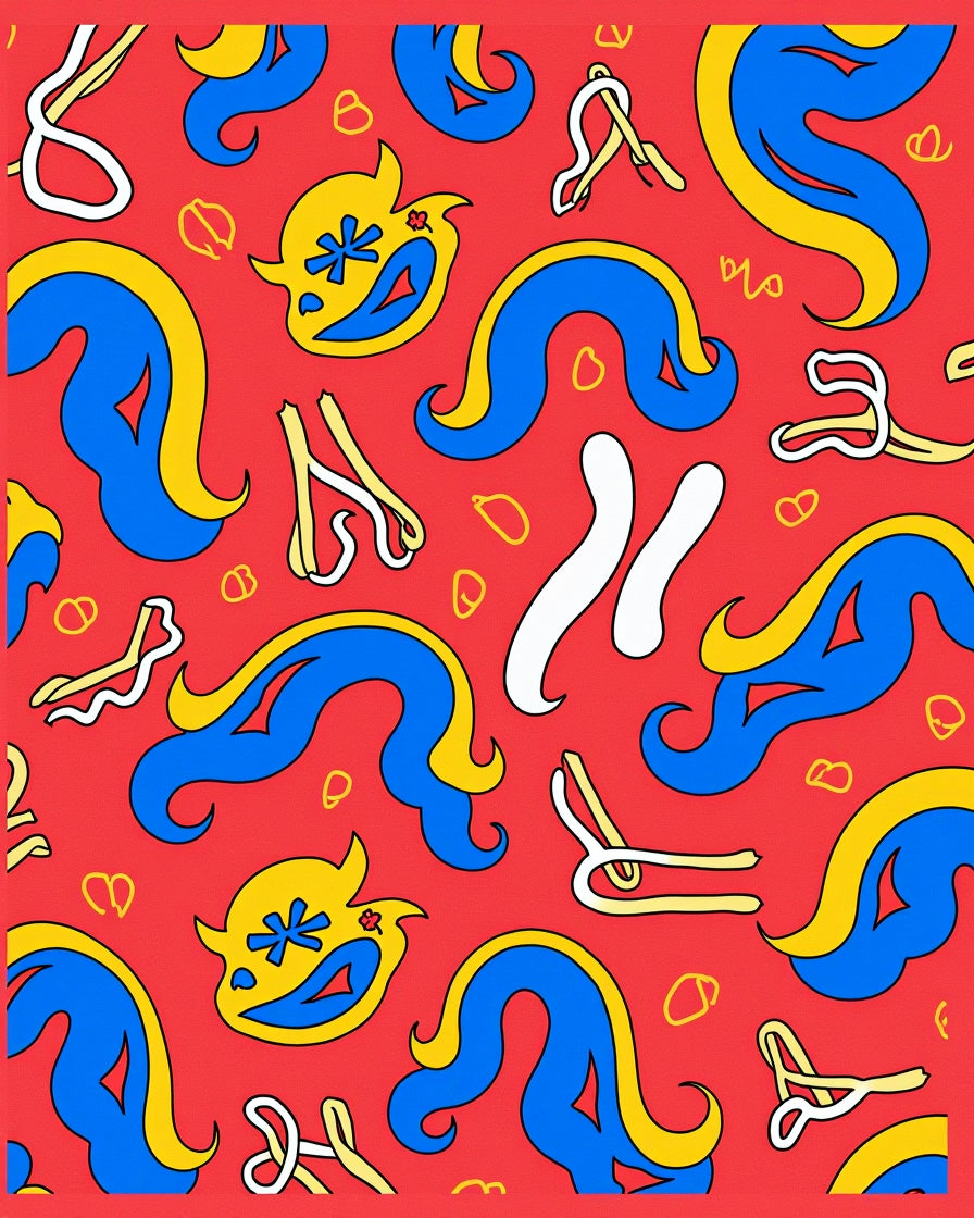 Bold Red Blue Yellow Playful Creatures Rug