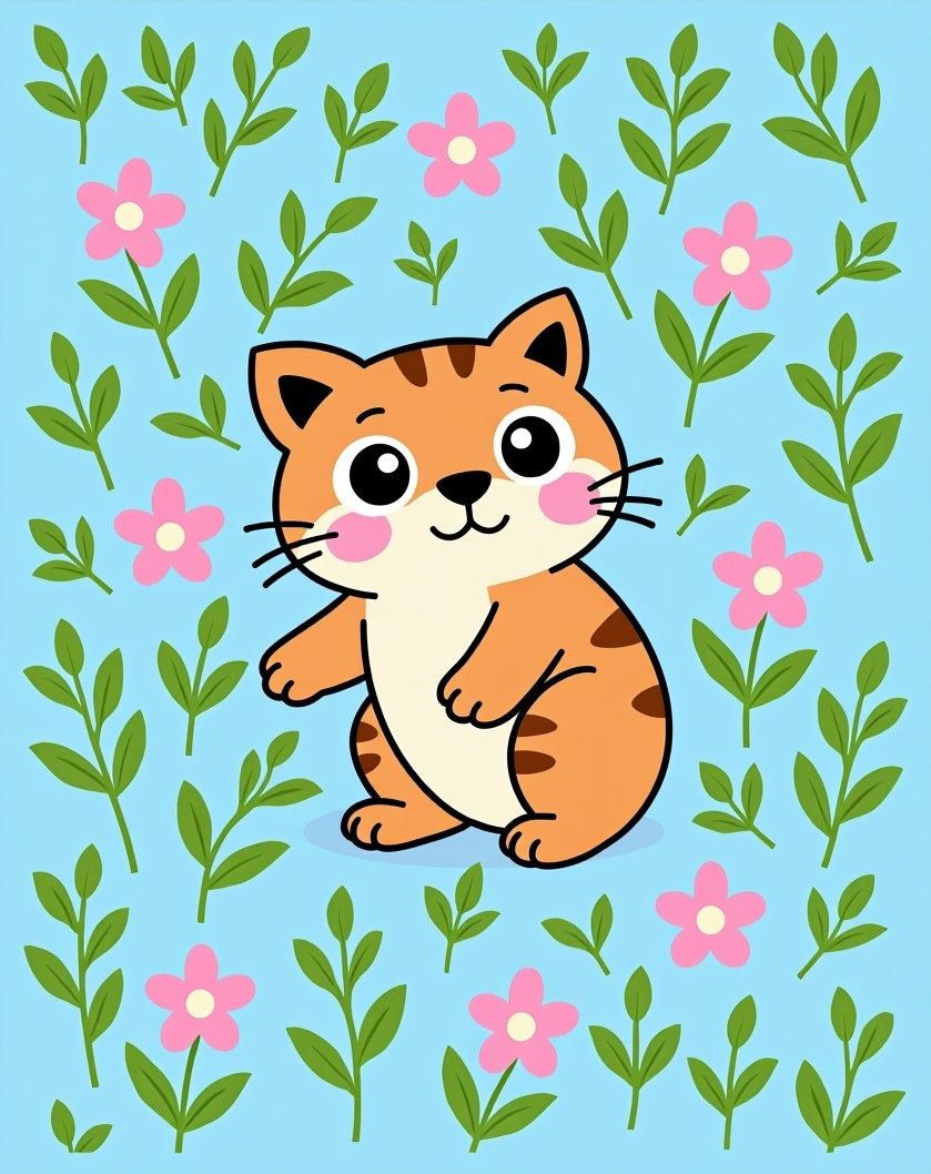 Cute Orange Cat Pink Flower Garden Rug