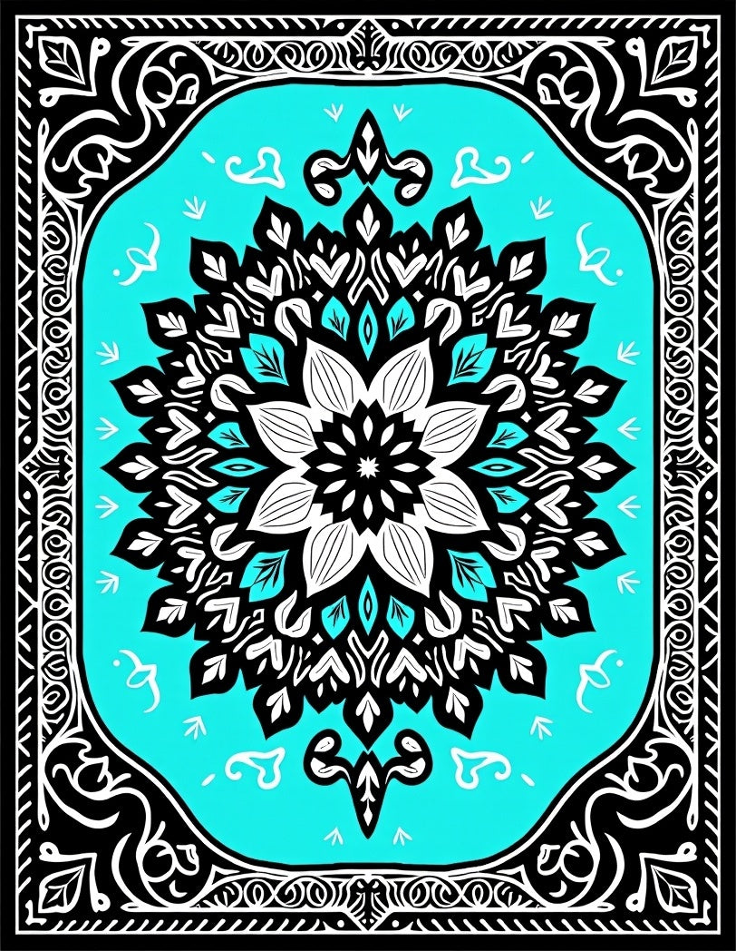 Vibrant Teal Floral Mandala Rug