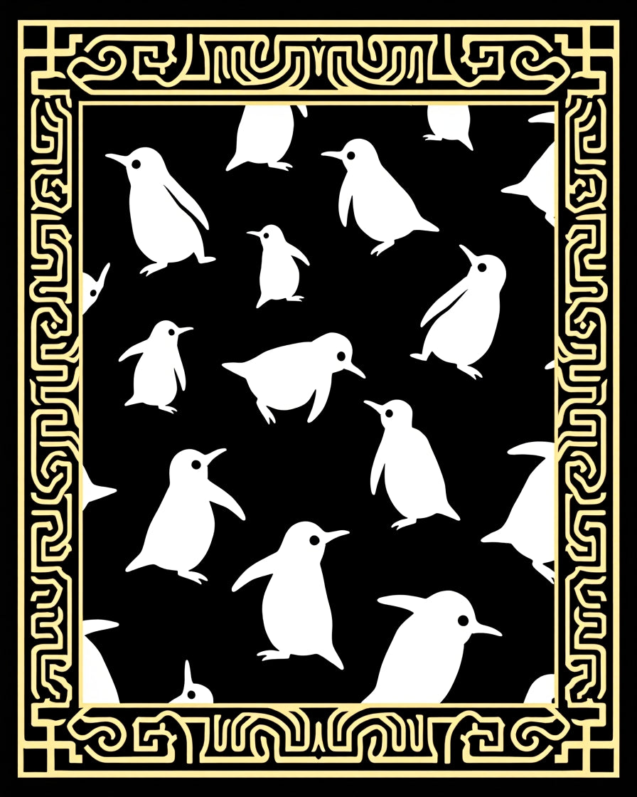 Playful White Penguin Family Border Rug