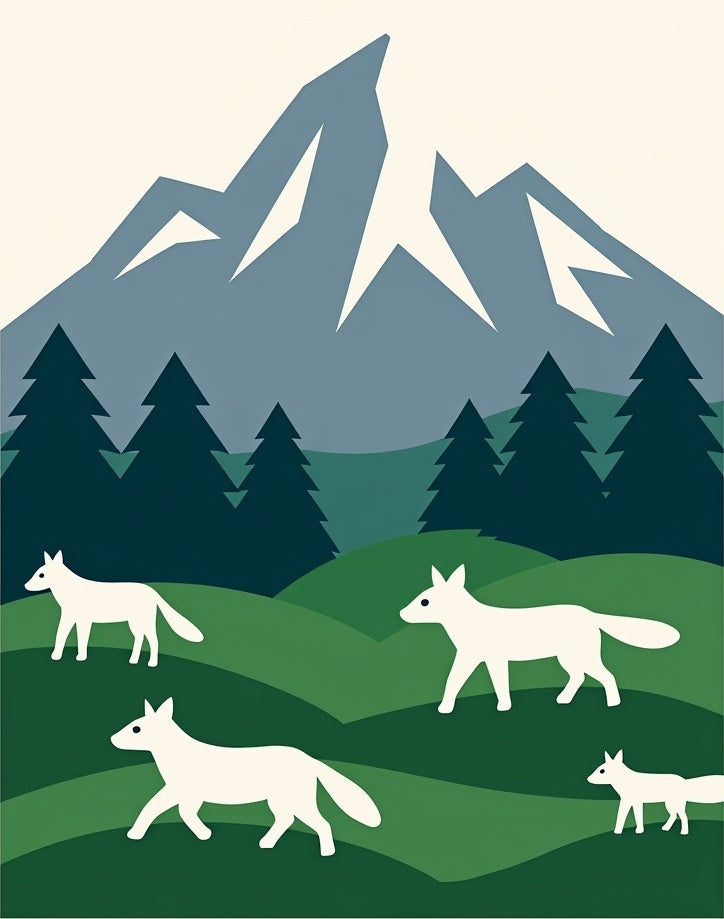 White Foxes Forest Mountain Landscape Rug