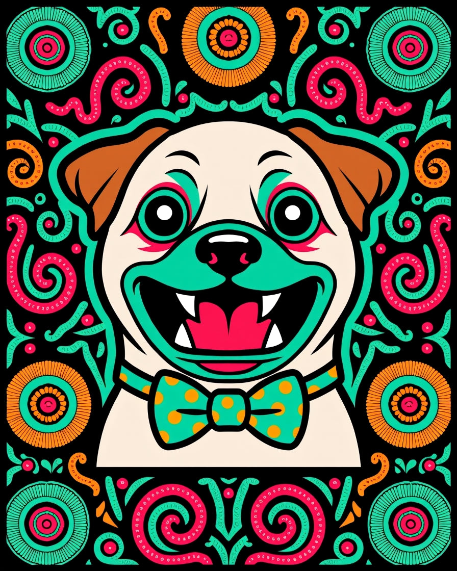 Vibrant Pug With Tribal Border Rug
