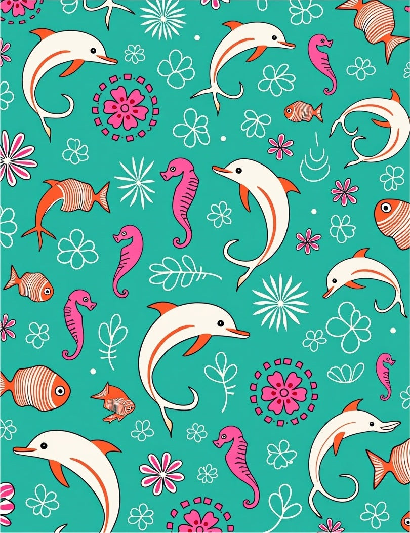Teal Dolphin Seahorse Fish Floral Collage Rug