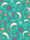Teal Dolphin Seahorse Fish Floral Collage Rug