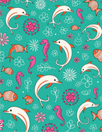 Teal Dolphin Seahorse Fish Floral Collage Rug