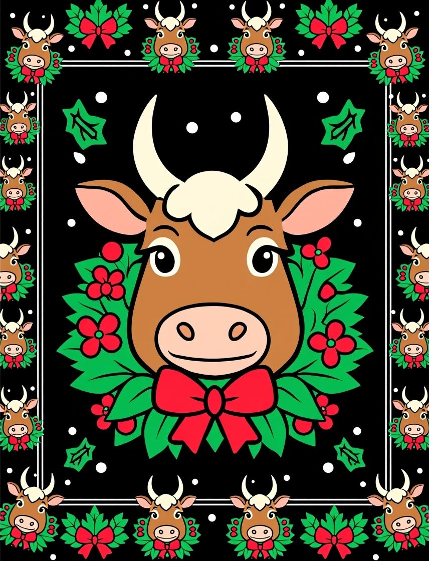 Cow Christmas Wreath Red Bow Holly Rug