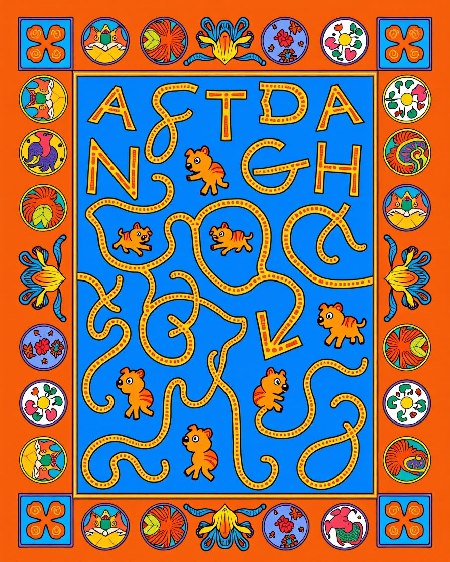 Bright Orange Blue Tiger Maze Rug