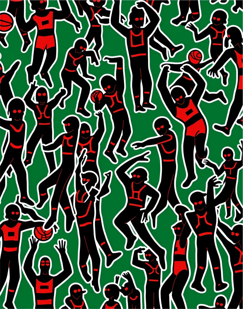 Dynamic Black Red Figures Green Field Rug