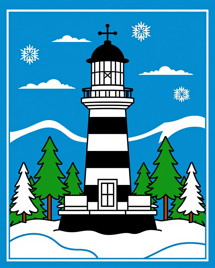 Coastal Winter Lighthouse Snowflakes Scene Rug