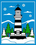 Coastal Winter Lighthouse Snowflakes Scene Rug