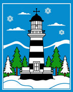 Coastal Winter Lighthouse Snowflakes Scene Rug