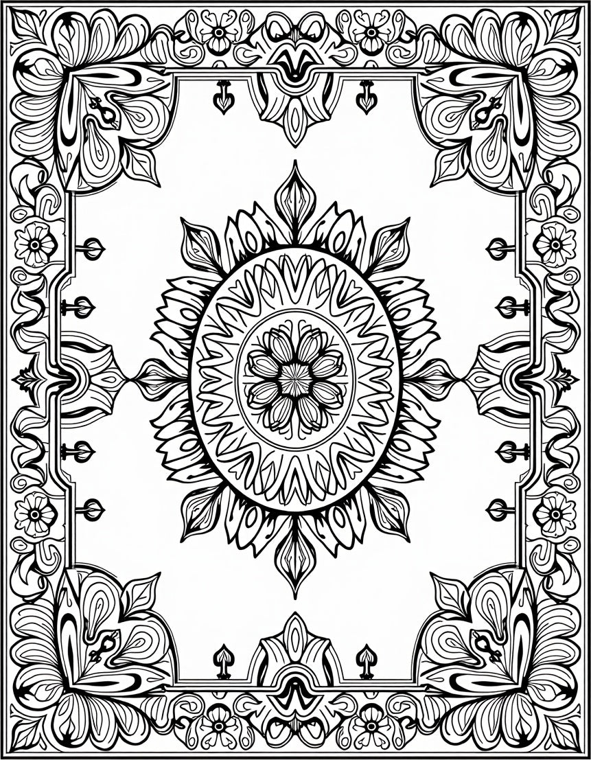 Intricate Black White Mandala Border Rug