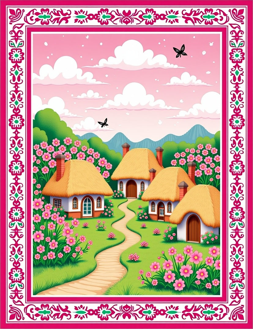 Pink Meadow Village Countryside Scene Rug