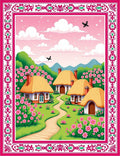 Pink Meadow Village Countryside Scene Rug