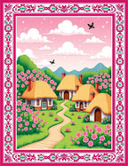 Pink Meadow Village Countryside Scene Rug