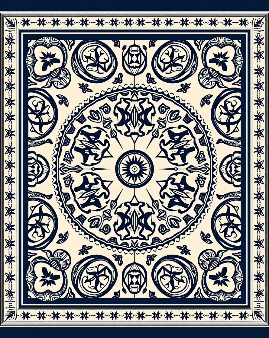 Navy Cream Intricate Circular Ornament Rug
