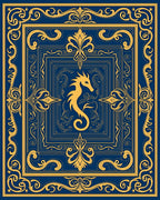 Ornate Blue and Gold Seahorse Frame Rug