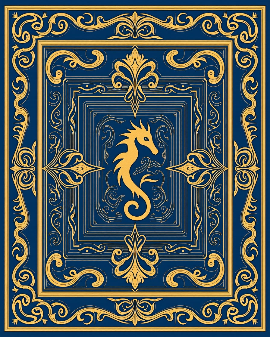 Ornate Blue and Gold Seahorse Frame Rug