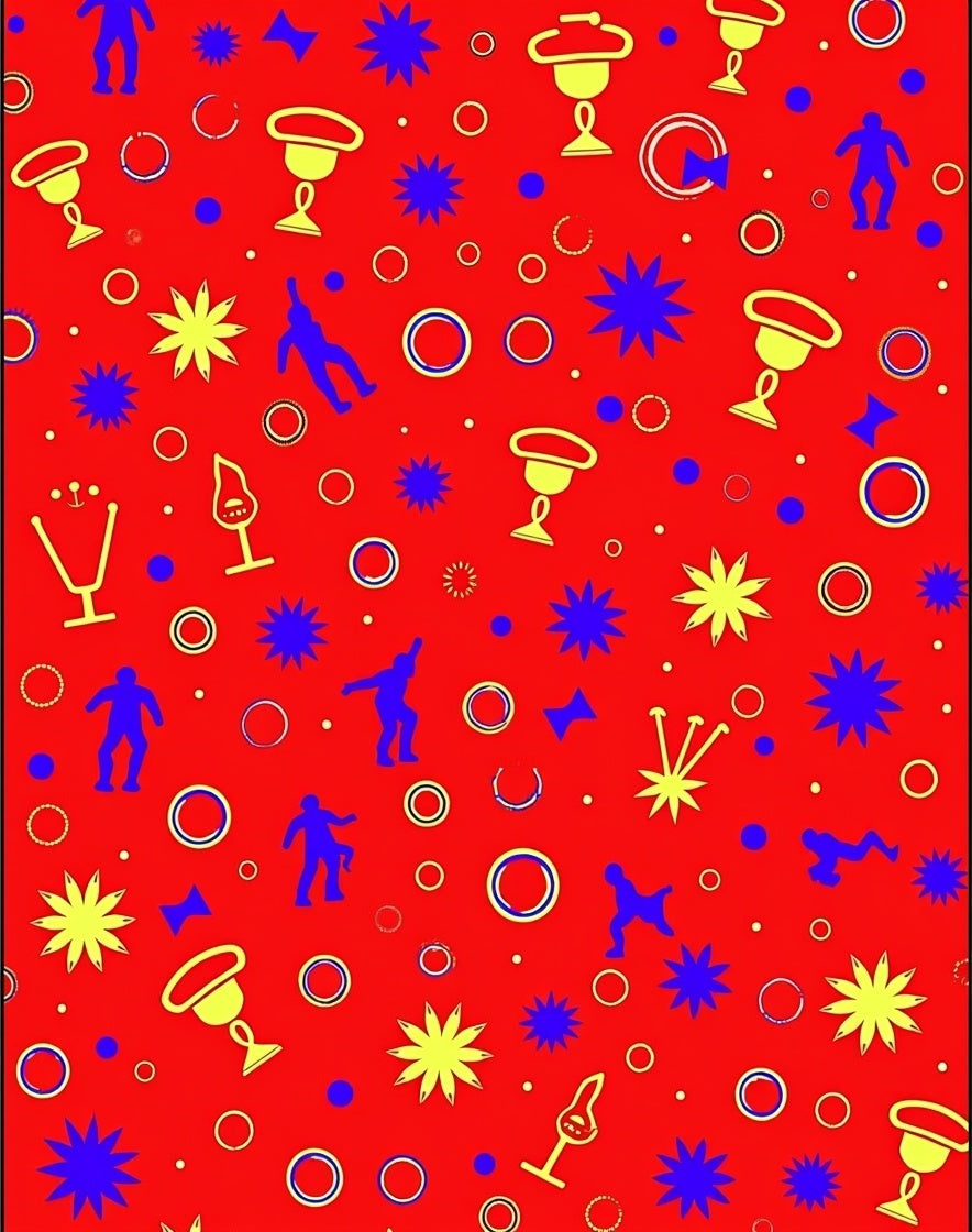 Red Yellow Blue Stylized Figures Cups Rug