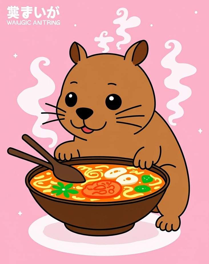 Cute Brown Bear Eating Noodle Soup Rug