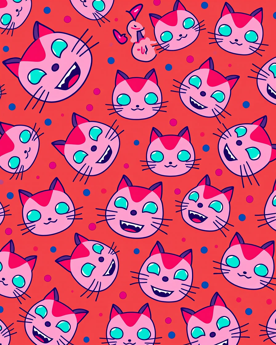Cute Pink Cat Heads Polka Dot Background Rug