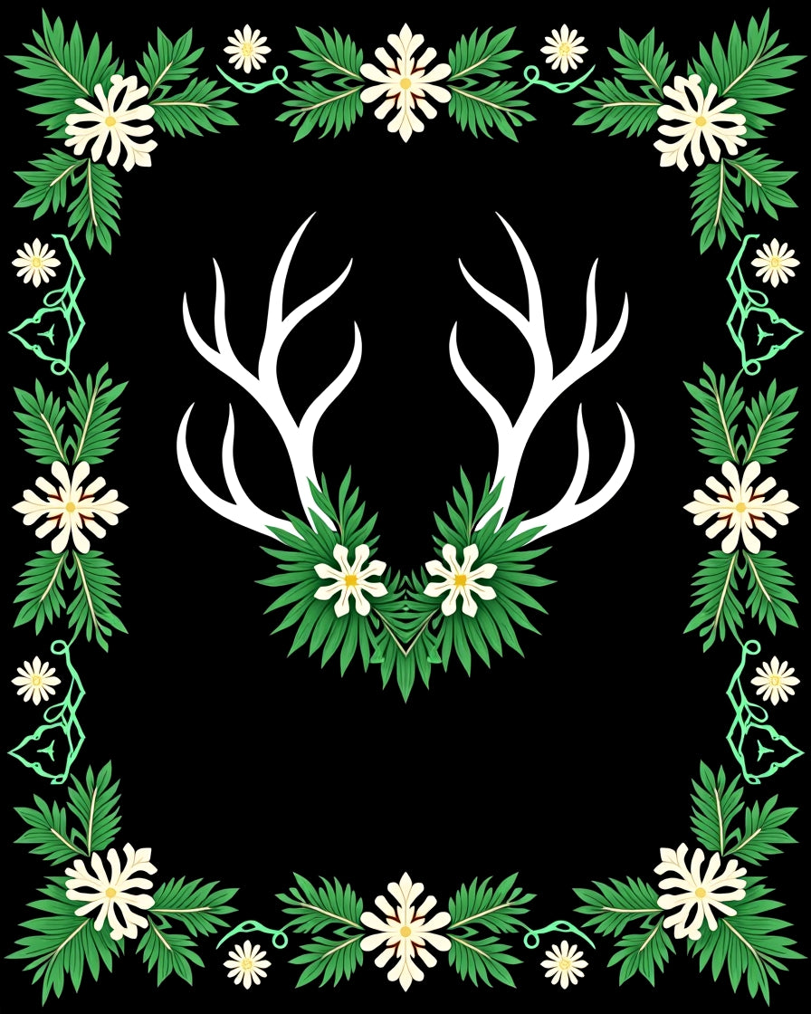 White Antlers Green Floral Border Rug
