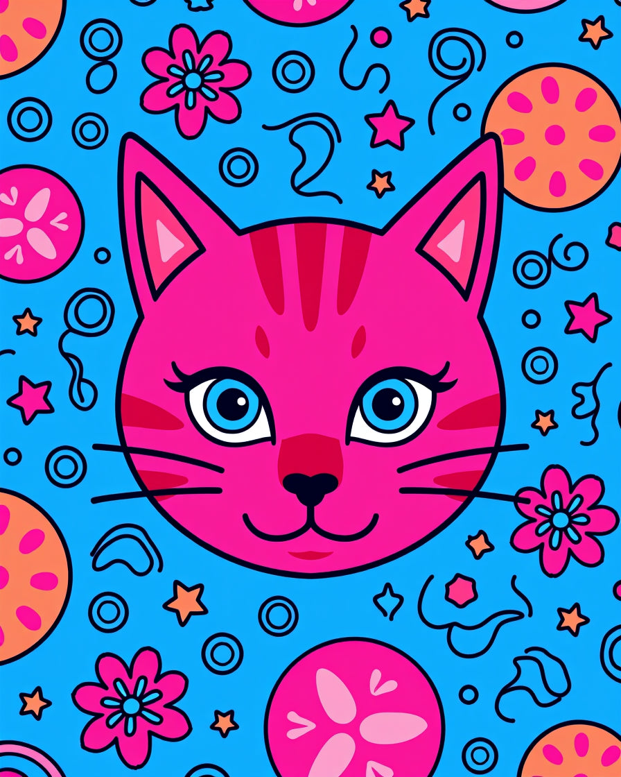 Vibrant Pink Cat Blue Sky Whimsical Collage Rug