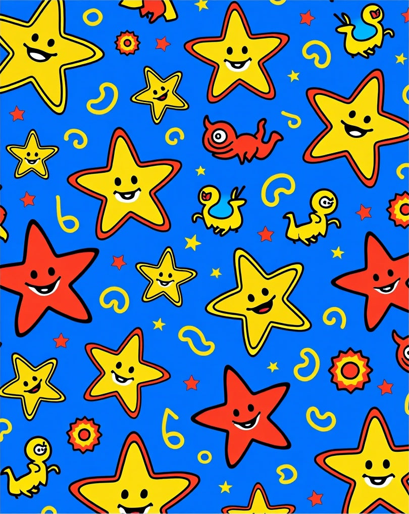 Happy Star Characters on Blue Background Rug