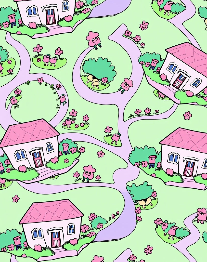Whimsical Pink Houses and Flowers Scene Rug