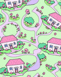 Whimsical Pink Houses and Flowers Scene Rug